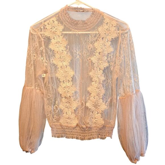 PEACH cream sheer lace blouse size large - Picture 1 of 4